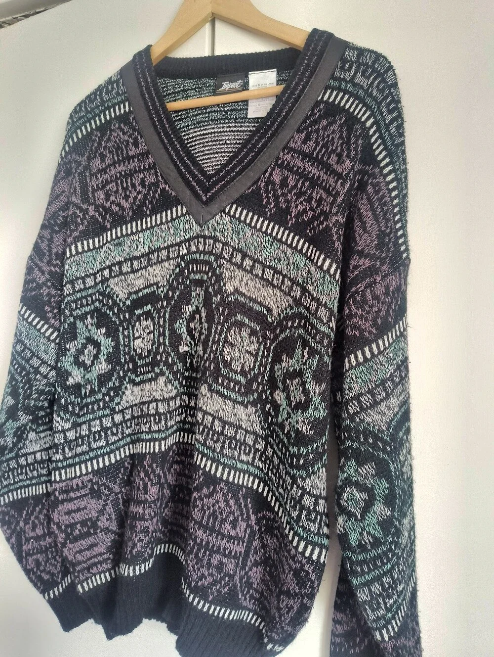 Vintage Impact Grandpa Sweater V Neck with Faux Leather Accent XL Coogi Style